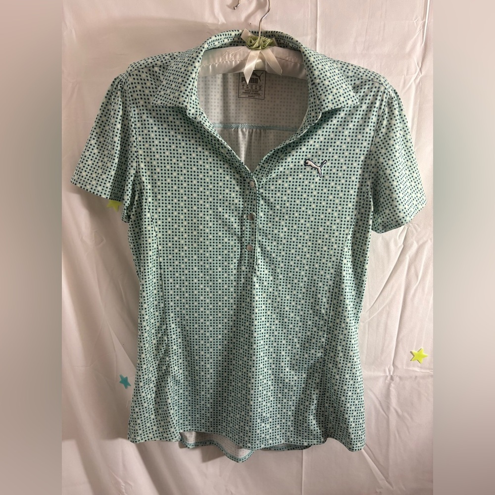 Puma Women's Retro Style Aqua Polka Dot Short Sleeve Button Down Shirt Size S/M‎